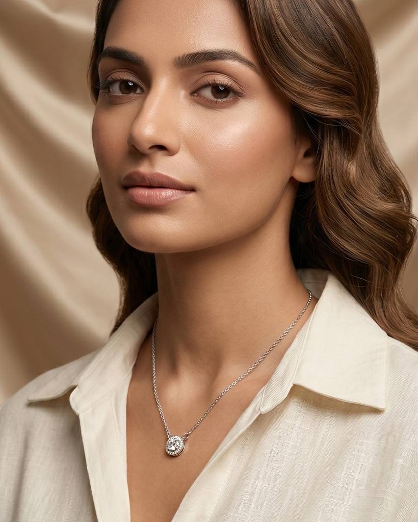 925 Silver Classic Halo Solitaire Pendant Necklace : IS-NC-PC-1184