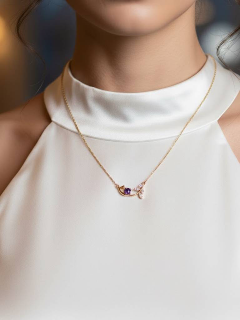 Anti-Tarnish Tulip Purple Stone Chain | 18K Gold Cz Jewelry : ATC654TPSC