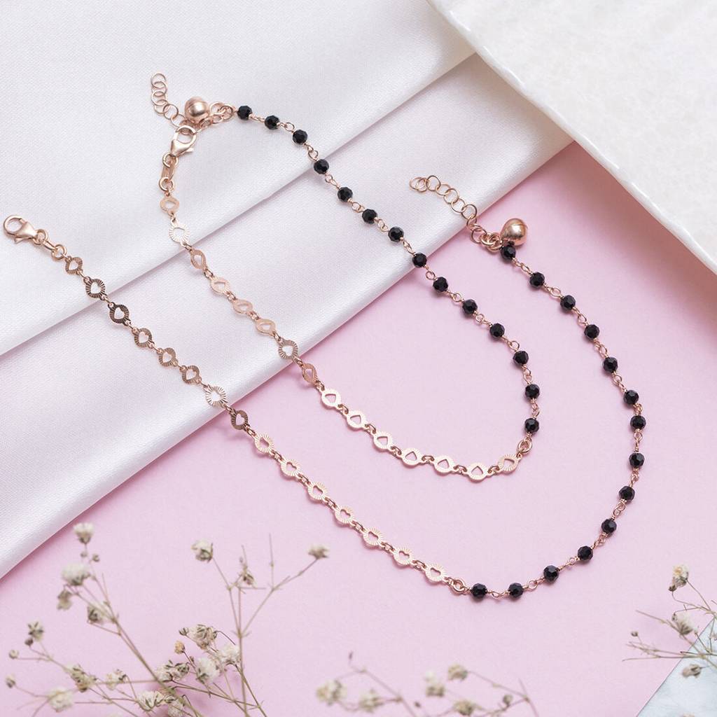 Rose Gold Radiance Beaded Chain Anklet In 925 Sterling Silver : ANK-60272-PAIR