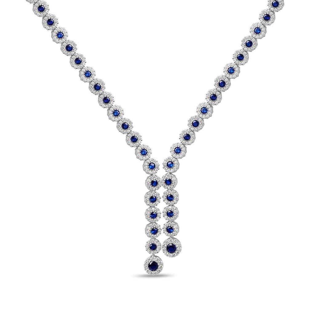 Dazzeling Blue Sapphire Rhodium Plated 925 Sterling Silver Necklace : NL-30344-R