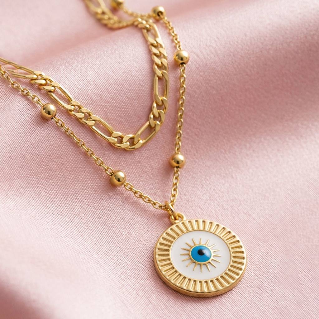 Classic Evil Eye Medallion Layered Anti-Tarnish Necklace For Women : HSPS60MB1787