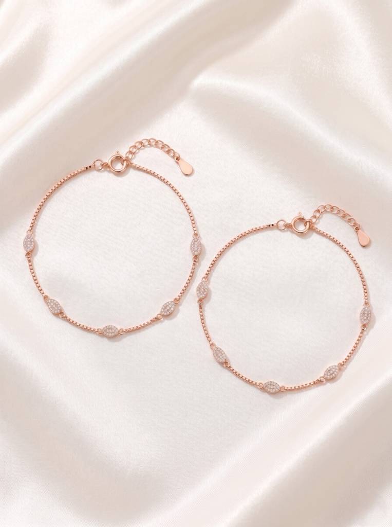 Premium Minimalist Rose Gold Pave Oval Station Anklet On Delicate Box Chain : AK1143
