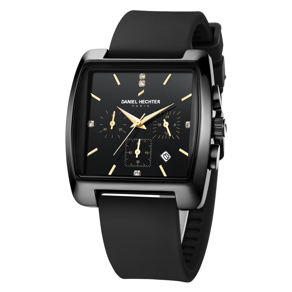 Daniel Hechter Paris Alma Collection Watch For Men Premium Chronograph Watch Black Square Dial Silicone Strap, Mu : DHM1016-01