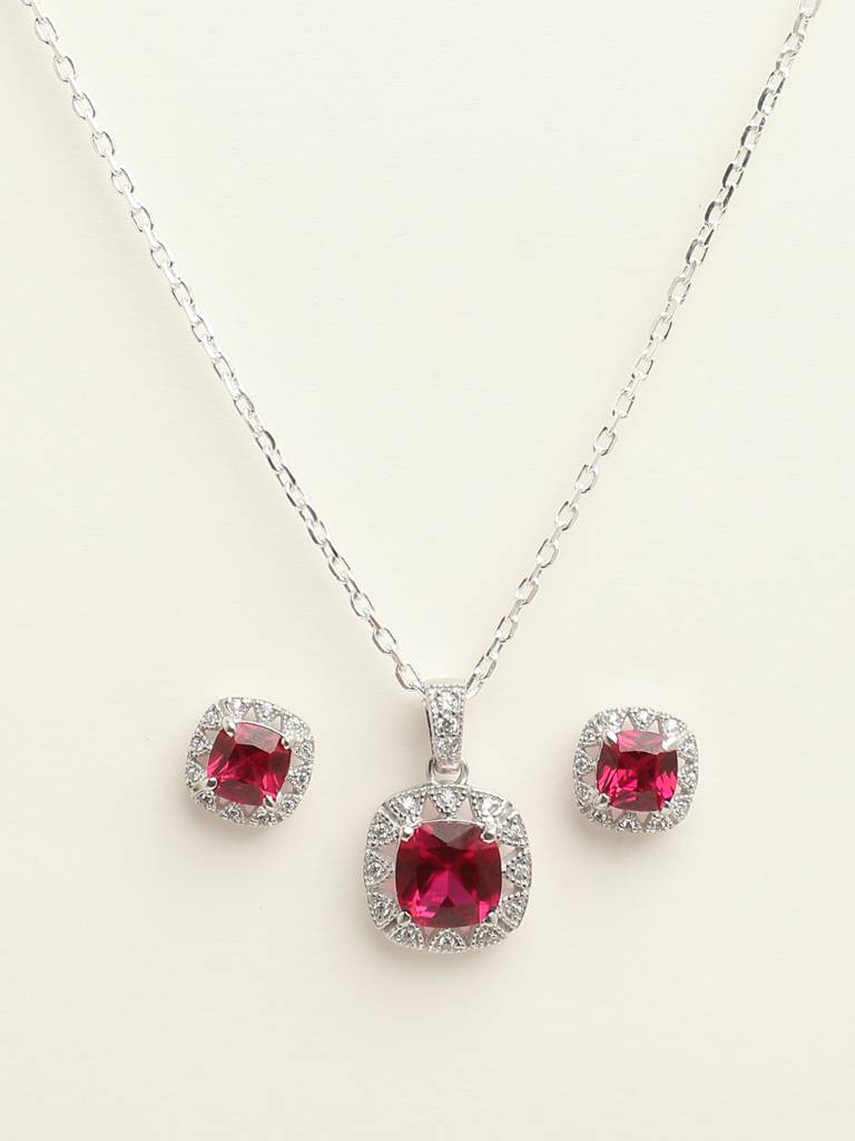 92.5 Sterling Silver Rhodium Plated Swiss Zirconia Blood Red Cushion Pendant Earring Chain Jewellery Set Gift : CSCLRP2E2CU_RU