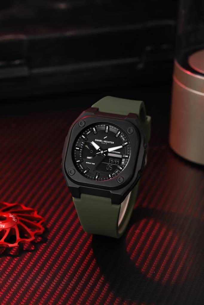 Paris Tech Collection Analog-Digital Sports Watch For Men – Black Dial, Silicone Strap, World Time & Countdown Ti : DHM1071-03