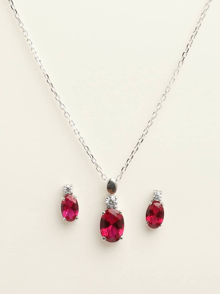 92.5 Sterling Silver Rhodium Plated Swiss Zirconia Blood Red Oval Pendant Earring Chain Jewellery Set Gift Fo : CSCLRP5E5OV_RU