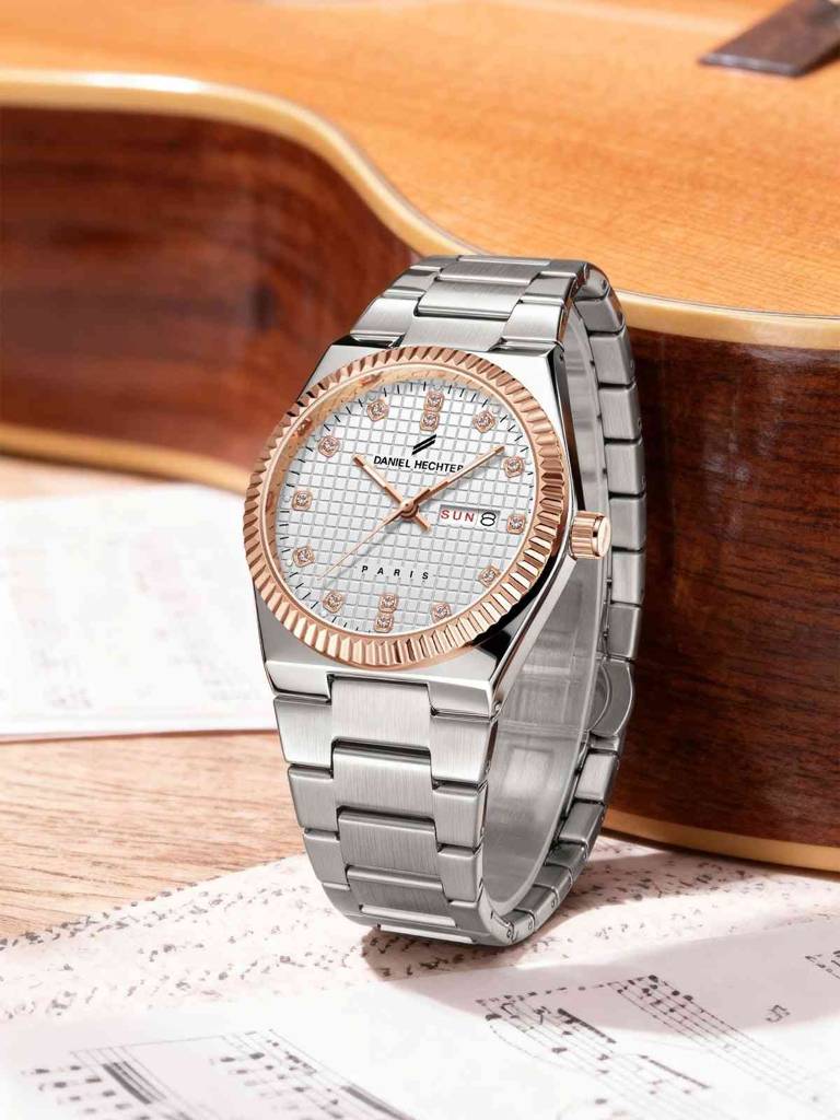 Daniel Hechter Hoche Collection Classic Analog Watch For Men – Textured Dial,Crystal Indices With Fluted Bezel, D : DHM1027-22