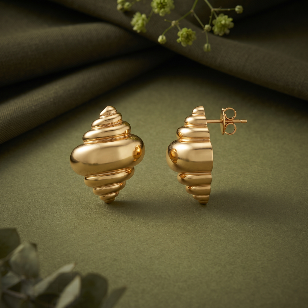 Gold Plated Brass Seashell Spiral Stud Earrings : SCDELER0461
