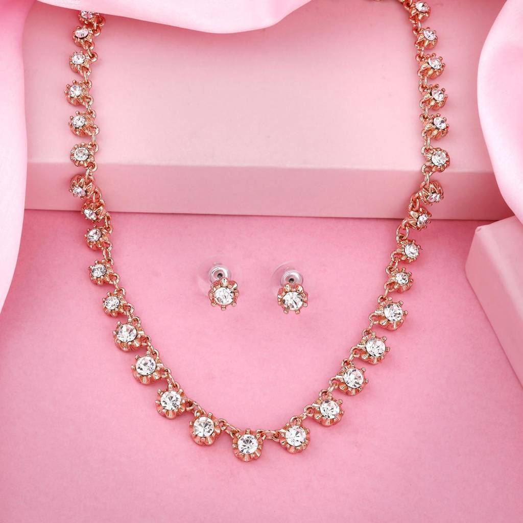 Estele Rose Gold Plated Sparkling Necklace Set With Crystals For Women