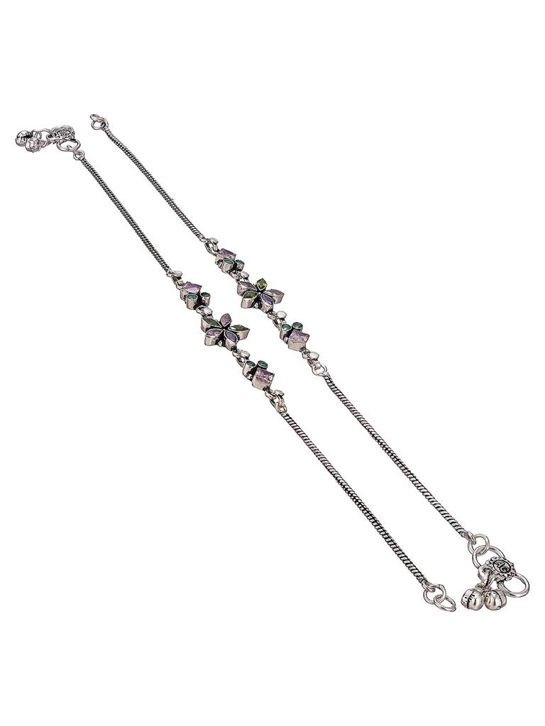Silver Toned Green Crystal Floral Charm Elegant Payal Anklet : SJPL2875