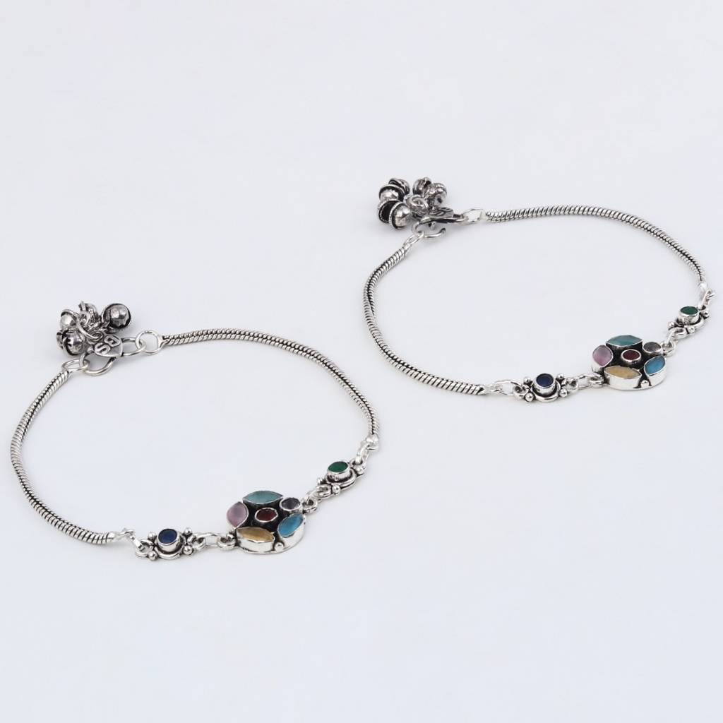 Silver Oxidised Multi-Color Floral Brass Anklet : S24AJAK560SLV