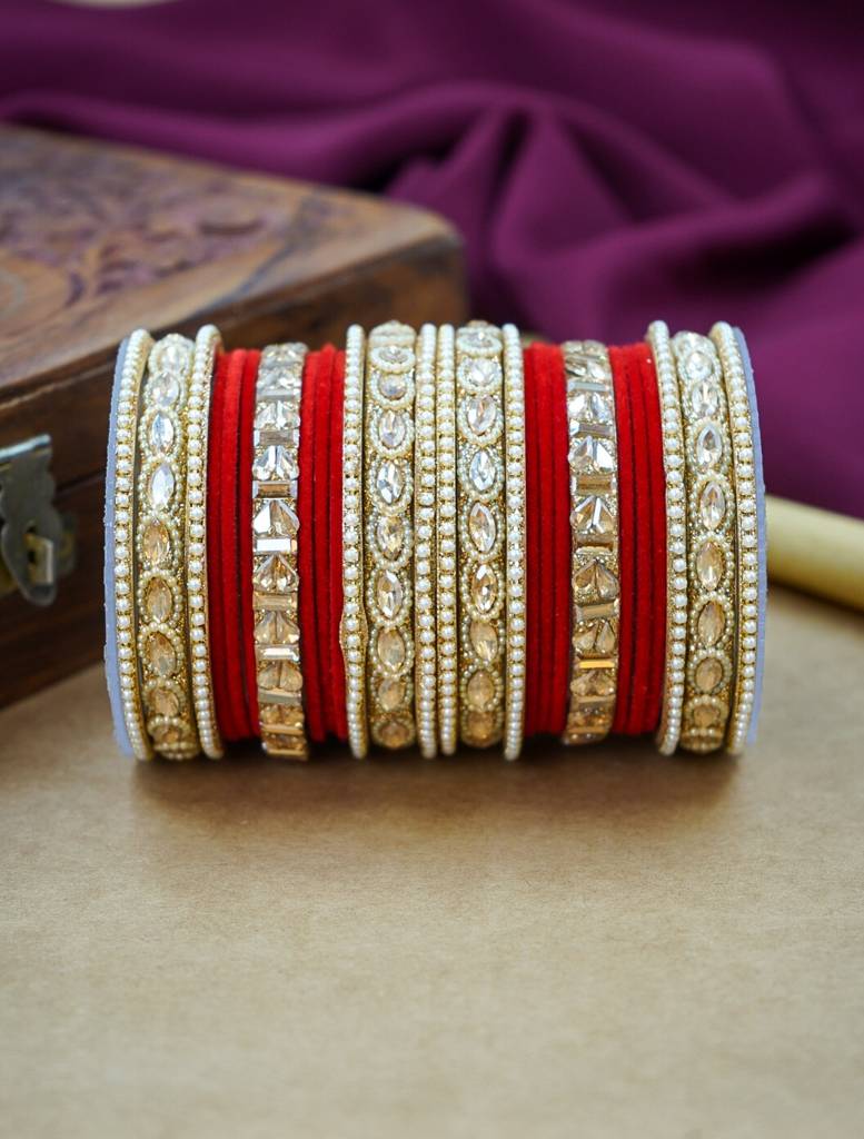 Premium Velvet Bangles Set – Wedding & Party Wear : HJ-28-24-RED