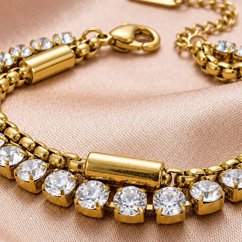 Luxury Double Row Crystal Tennis Gold-Tone Anti-Tarnish Bracelet For Women : JW-HSPS60MB2019