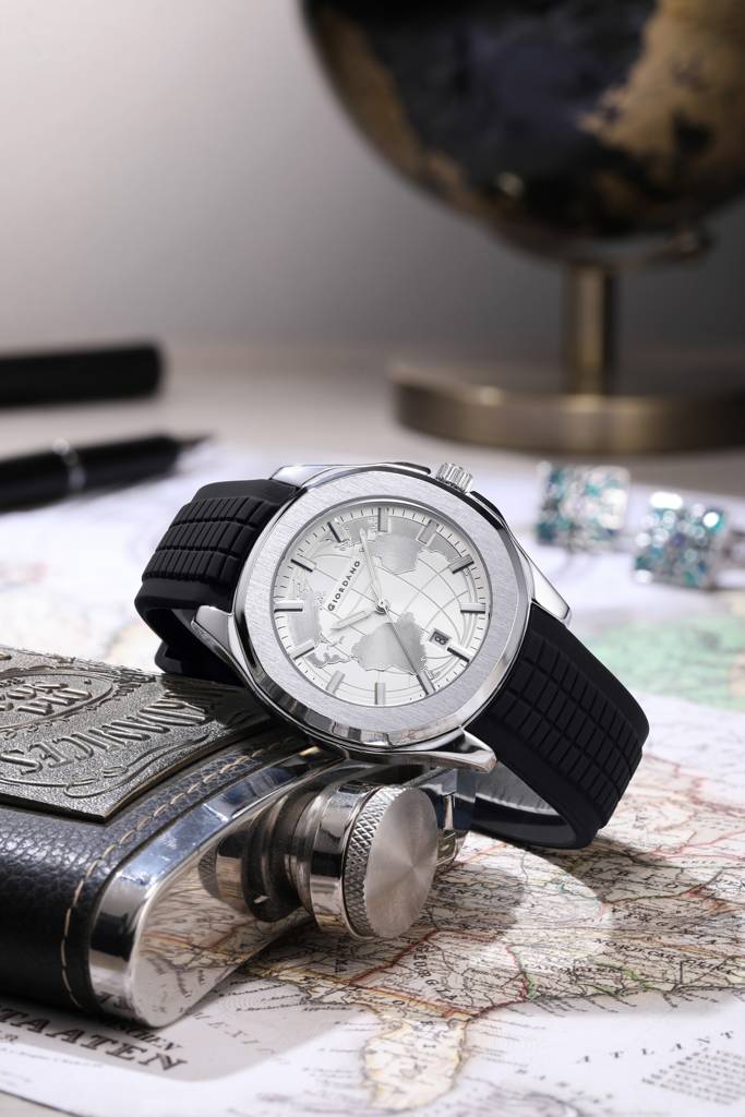 Stylish World Map Design Analog Watch For Men With Silver Case Round Dial, Textured Silicone Strap, Water Resist : GZ-50147-02