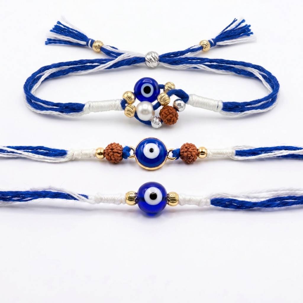 Evil Eye Rakhi Combo For Brother | Set Of 3 Handmade Evil Eye, Rudraksha & Nazar Protection Rakhis | Raks : RAKHI_SET_22_23_24
