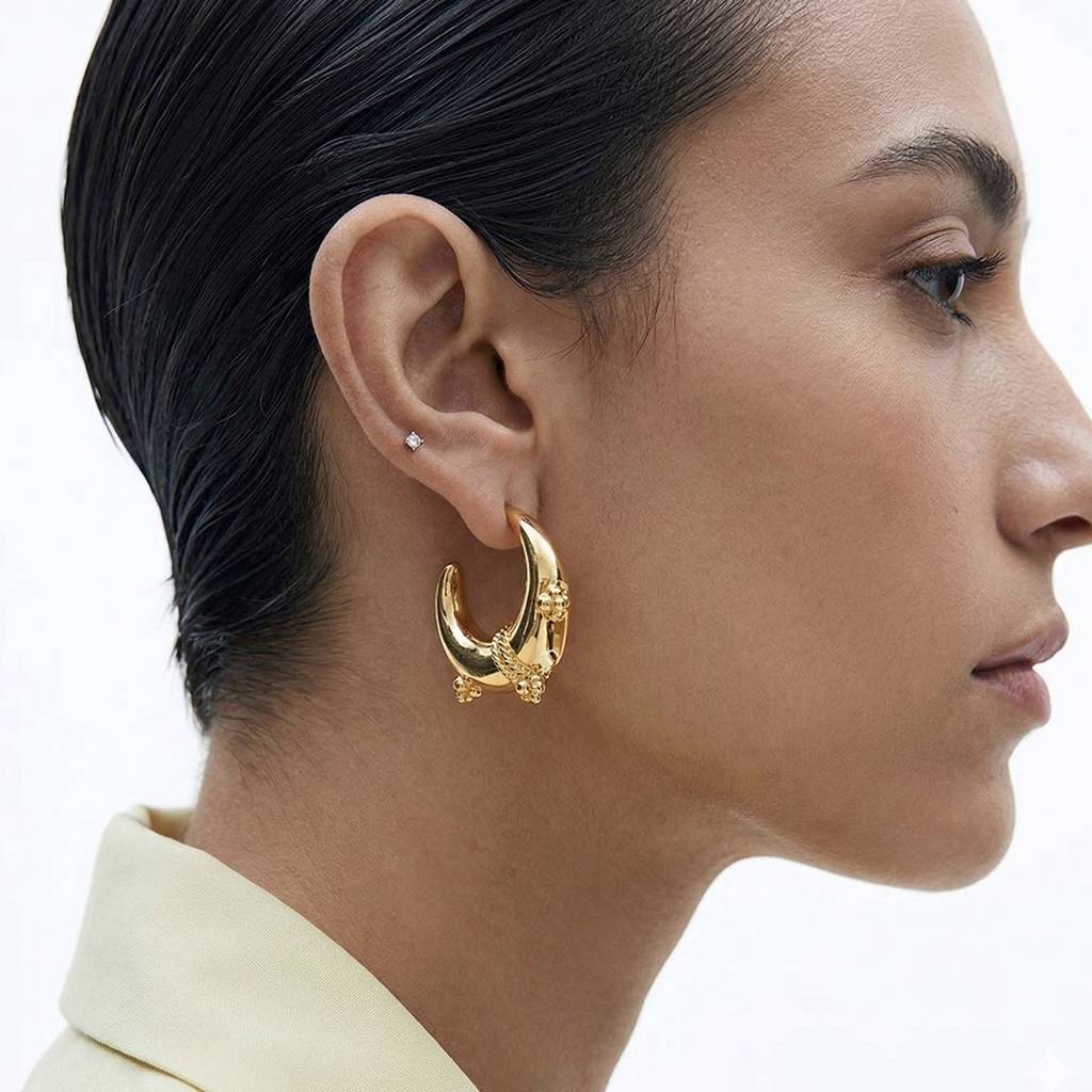 Gold-Toned Textured Statement Hoop Earrings- 18K Gold Plated : 100929
