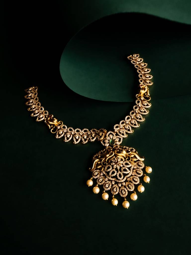 Sumana Temple Necklace With Earrings | American Diamond : RKNP000003