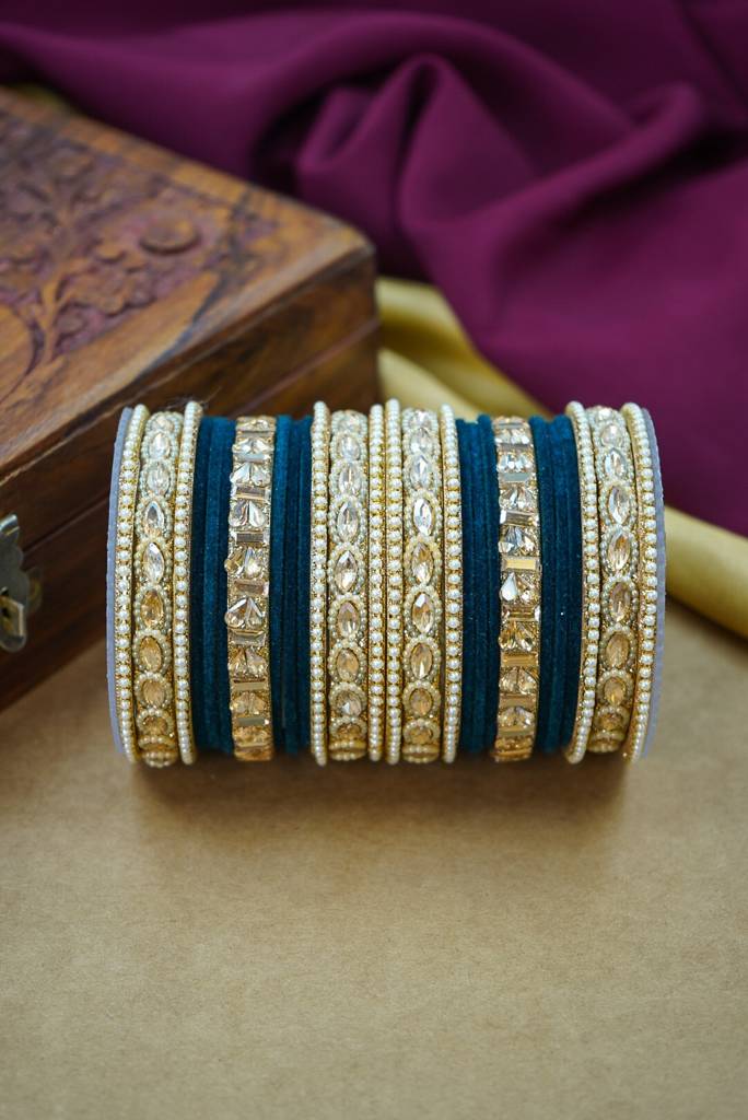 Premium Velvet Bangles Set – Wedding & Party Wear : HJ-28-24-PEACOCK