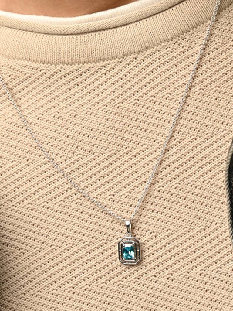925 Silver Platinum Plated Swiss Zircon Blue Solitaire Men Pendant Necklace With Chain Gift For Men & Boys : CSMNP21