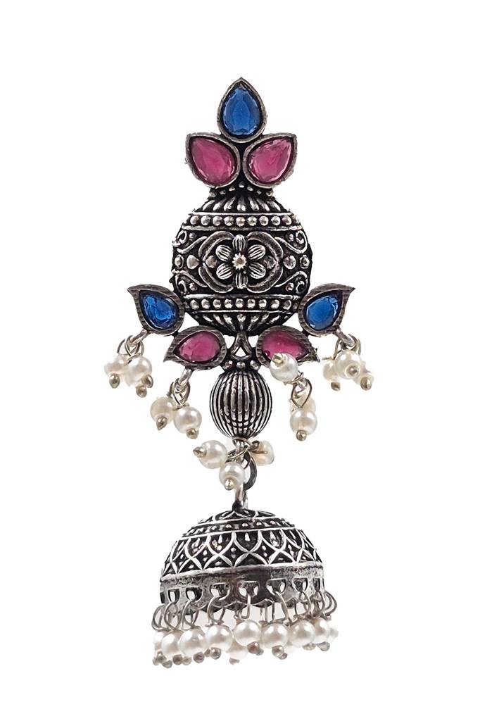 Oxidised Silver Aqua & Ruby Pearl Jhumkas : NA_ST_ER_231_5