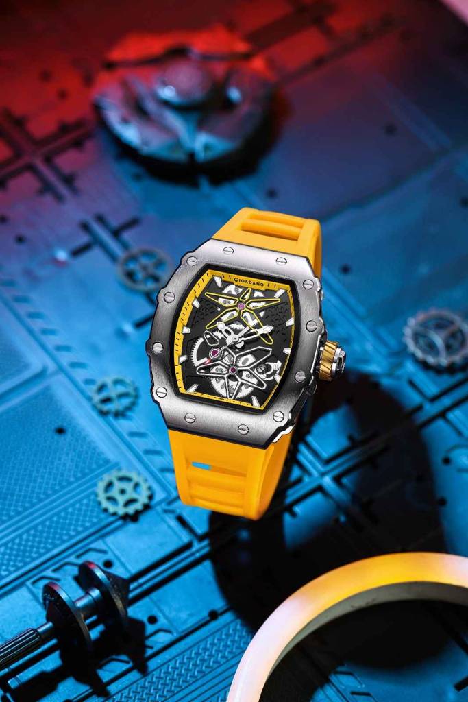 Giordano Analog Skeleton Dial Watch For Men Â Tonneau Case, Silicone Strap, Open-Gear Sport Design, Quartz Mov : GZ-50188-44