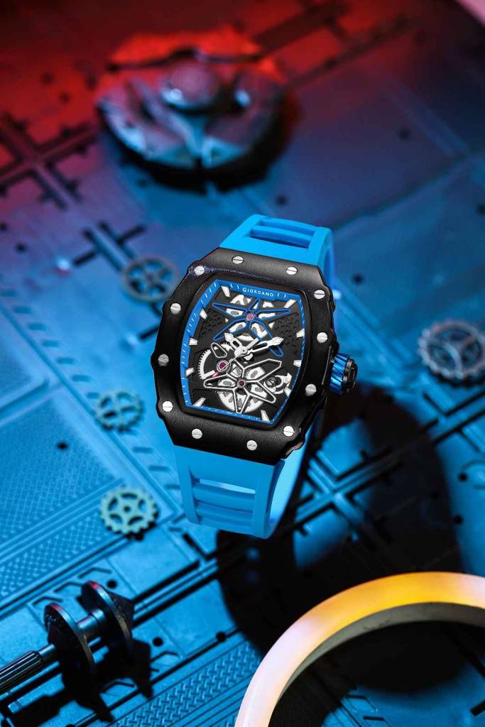 Giordano Analog Skeleton Dial Watch For Men Â Tonneau Case, Silicone Strap, Open-Gear Sport Design, Quartz Mov : GZ-50188-77