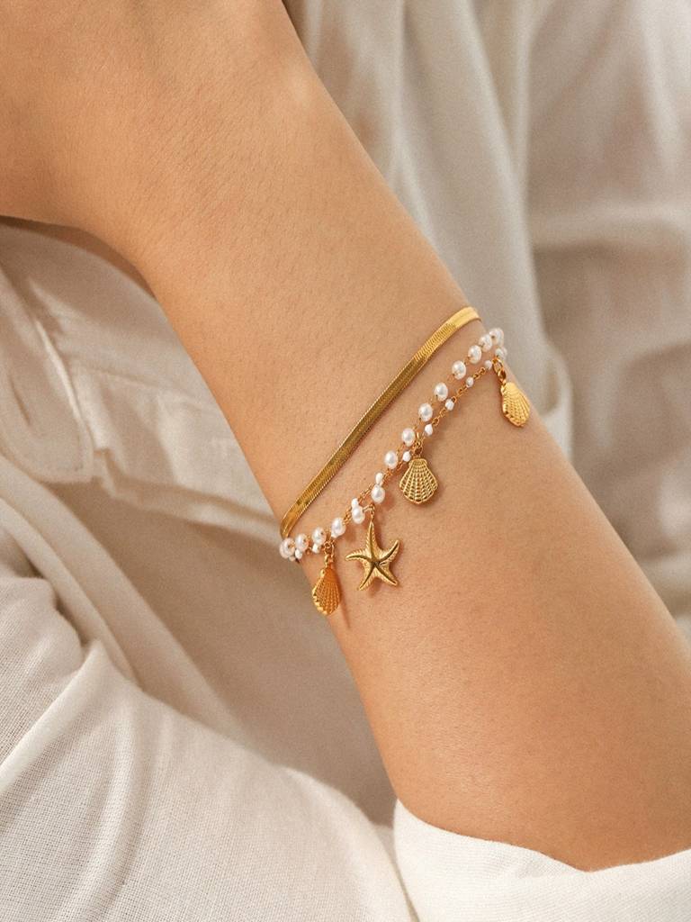 Set Of 3 - Shell And Pearl Bracelets 18K Gold Plated Waterproof Anti-Tarnish : AHC0925B0343