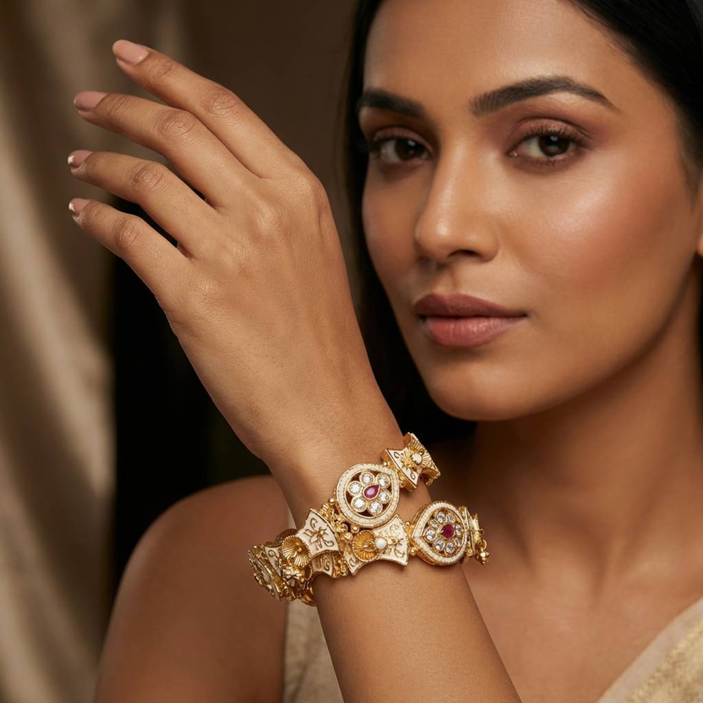 Exquisite Gold-Plated White Enamel (Meenakari) & Ruby Cz Bangles : BV-BG-1-24