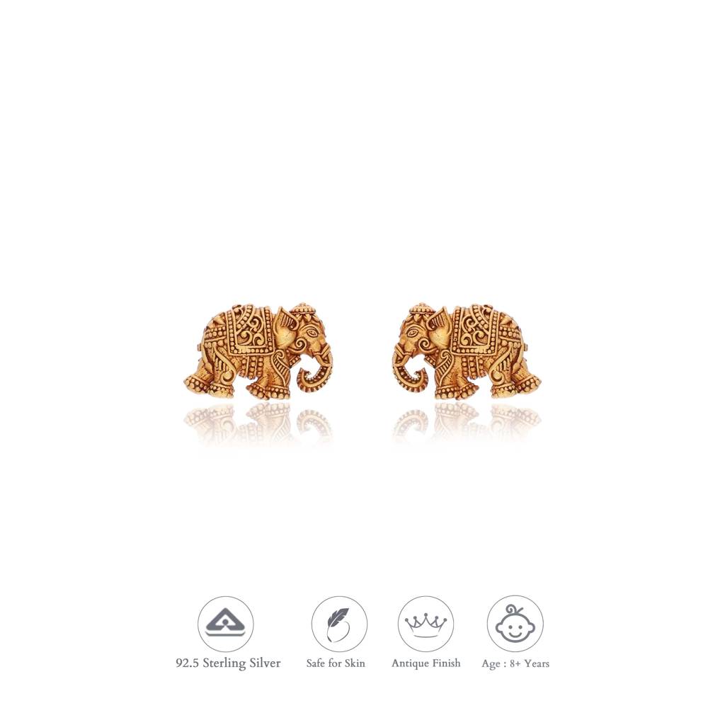 Royal Elephant Gold Polish 925 Silver Stud Kid Earring(8+ Yrs) : KE-KS-GO-V-223-P