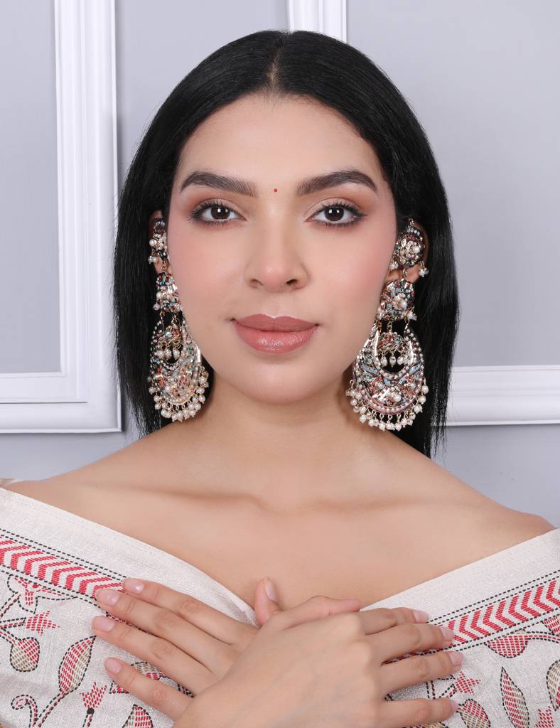 Navratan Jhumka Chaandbali Earrings With Kaanchain : ATQJ005