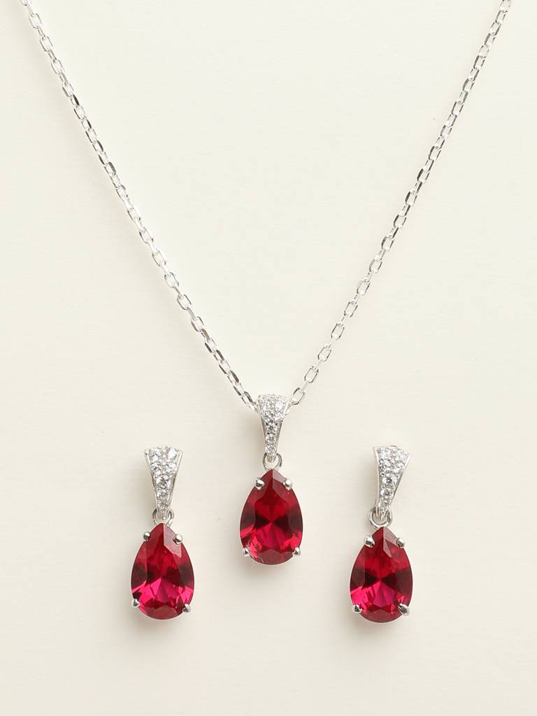 92.5 Sterling Silver Rhodium Plated Swiss Zirconia Blood Red Tear Drop Pendant Earring Chain Jewellery Set Gi : CSCLRP4E4PR_RU