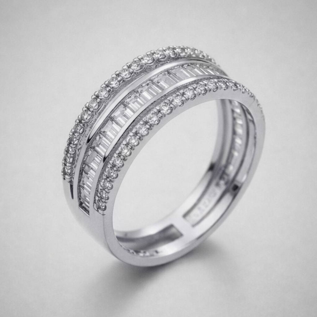 Sliver- Tone Classic Double Row Baguette Diamond Band Anti-Tarnish Ring : HSPS60MB1701