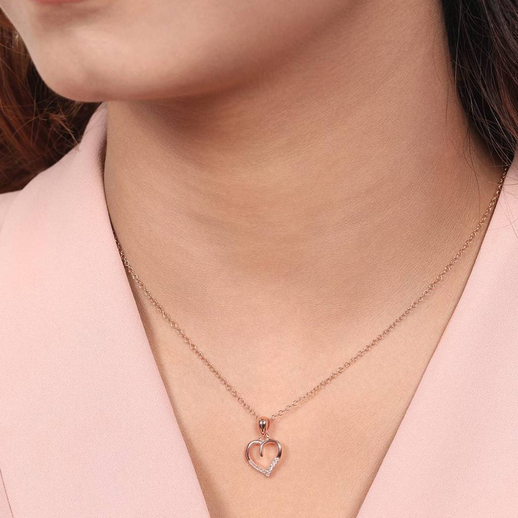 Rosy Devotion Cz-Heart 925 Sterling Silver Pendant With Chain : PEN-30107_C-RG