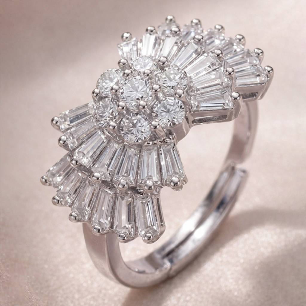 Sliver- Tone Luxury Sparkling Cluster Bloom Diamond Anti-Tarnish Ring : HSPS60MB1702