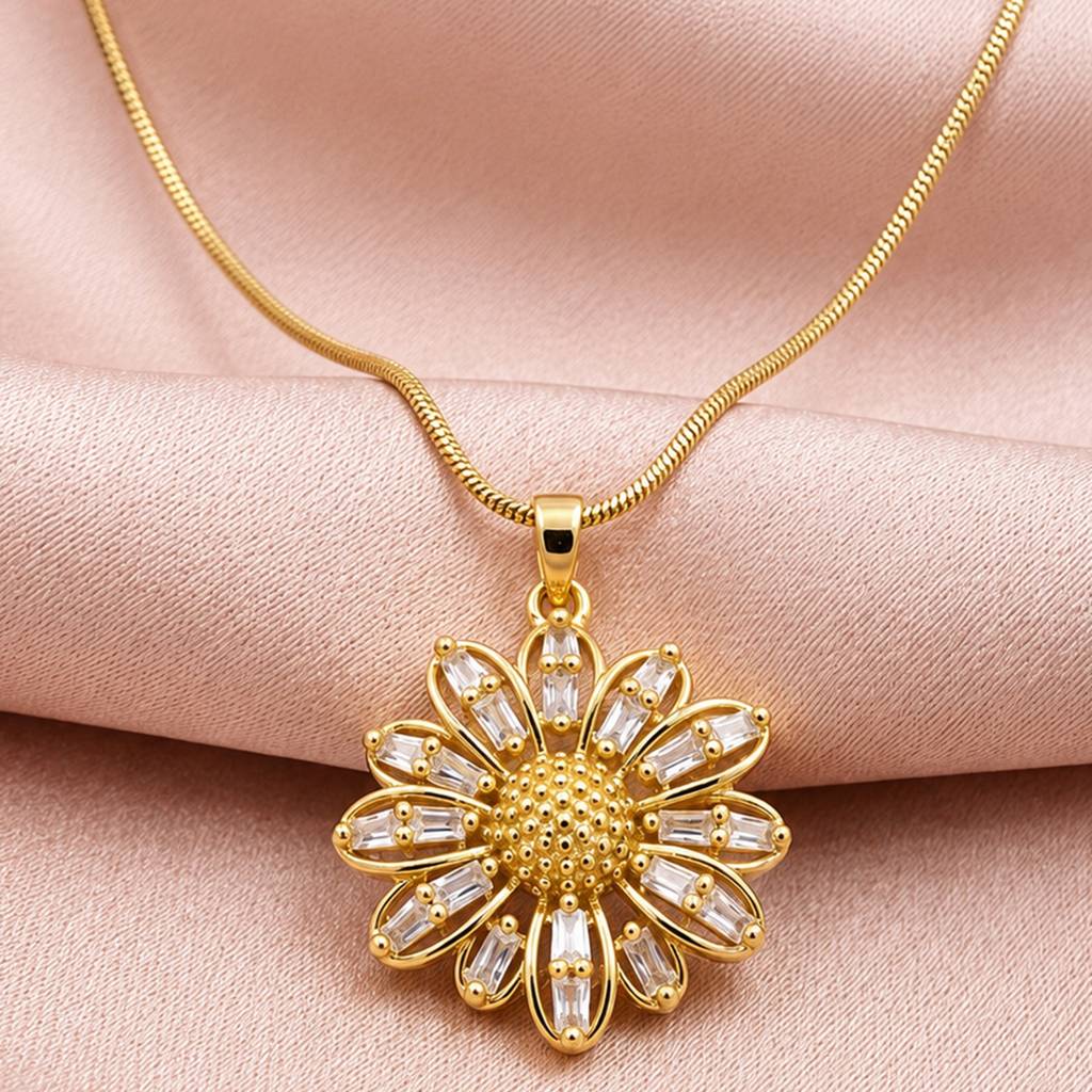 Sunflower Sparkle Gold Anti-Tarnish Pendant Necklace For Women : JW-HSPS60MB2054