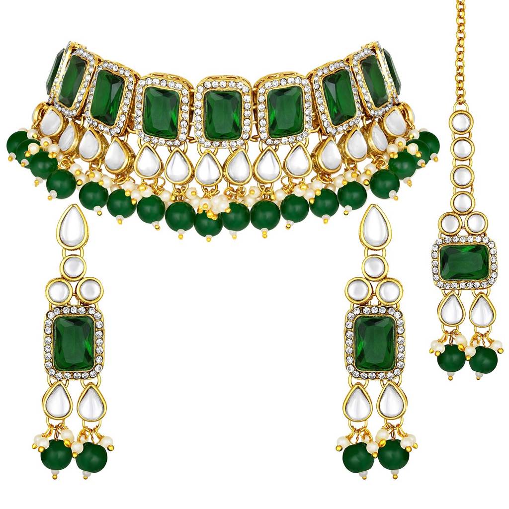 Peora Gold Plated Traditional Kundan Choker Necklace Jewellery Set With Dangle Earring Maang Tikka For Women Girls : PF24N2944G