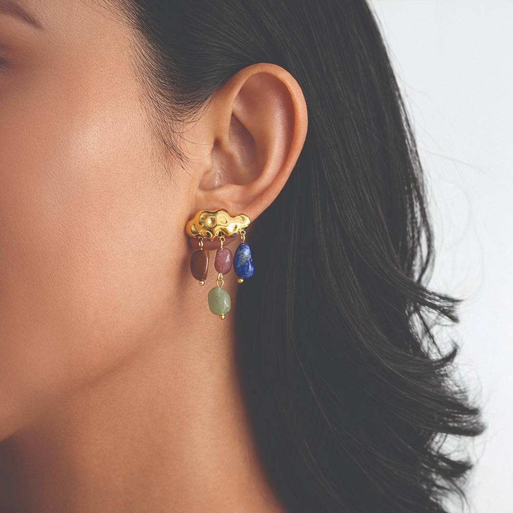 Women Gold-Toned Multi-Stone Beaded Drop Statement Earrings - 18K Gold Plated : 100551
