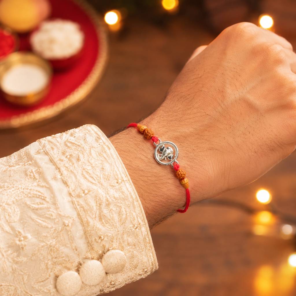 925 Sterling Silver Ganesh Rudraksha & Elegant Ganesh Rakhi Combo : TWIN061