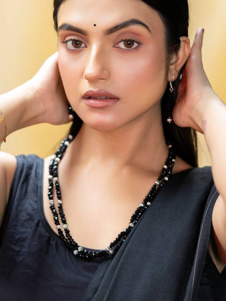 Handmade Double Layer Black Crystal German Silver Beads Necklace Set : LAANP122