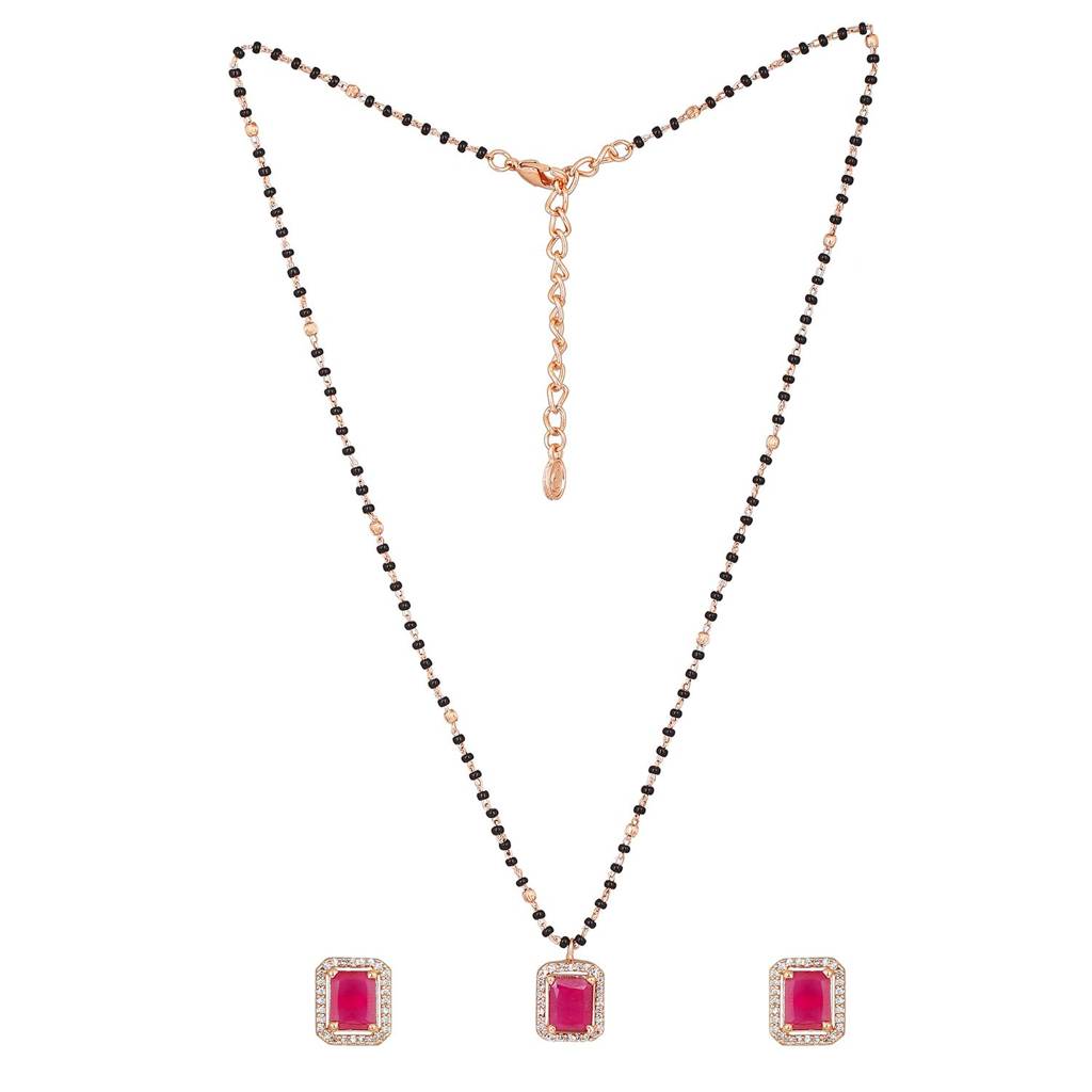 Estele Rose Gold Plated Cz Square Designer Mangalsutra Necklace Set With Ruby Stone For Women