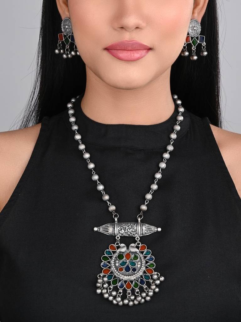 Silver Oxidised Finish Meenakari Jewellery Set : S24MRNKS397SLV