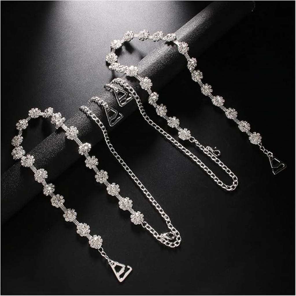 Decorative Rhinestone Bra Straps - Silver Crystal Floral Replacement Straps For Women - Adjustable No : M4SK-FLW-SIL-STP-1PAIR
