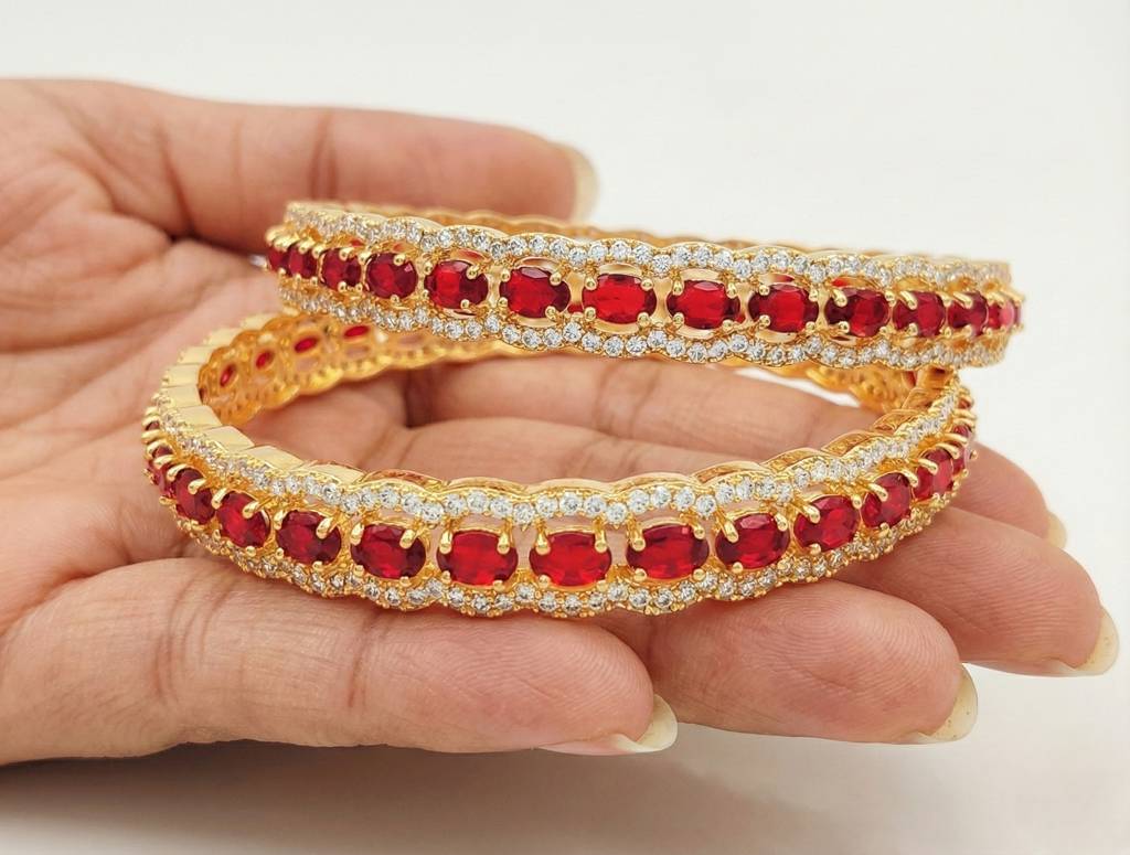 Beautiful Gold-Plated Ruby Bangles For Women | Austrian Aaa+ Cz Studded | Anti-Tarnish E Coat | Elegant Bridal, We : TP2151_24