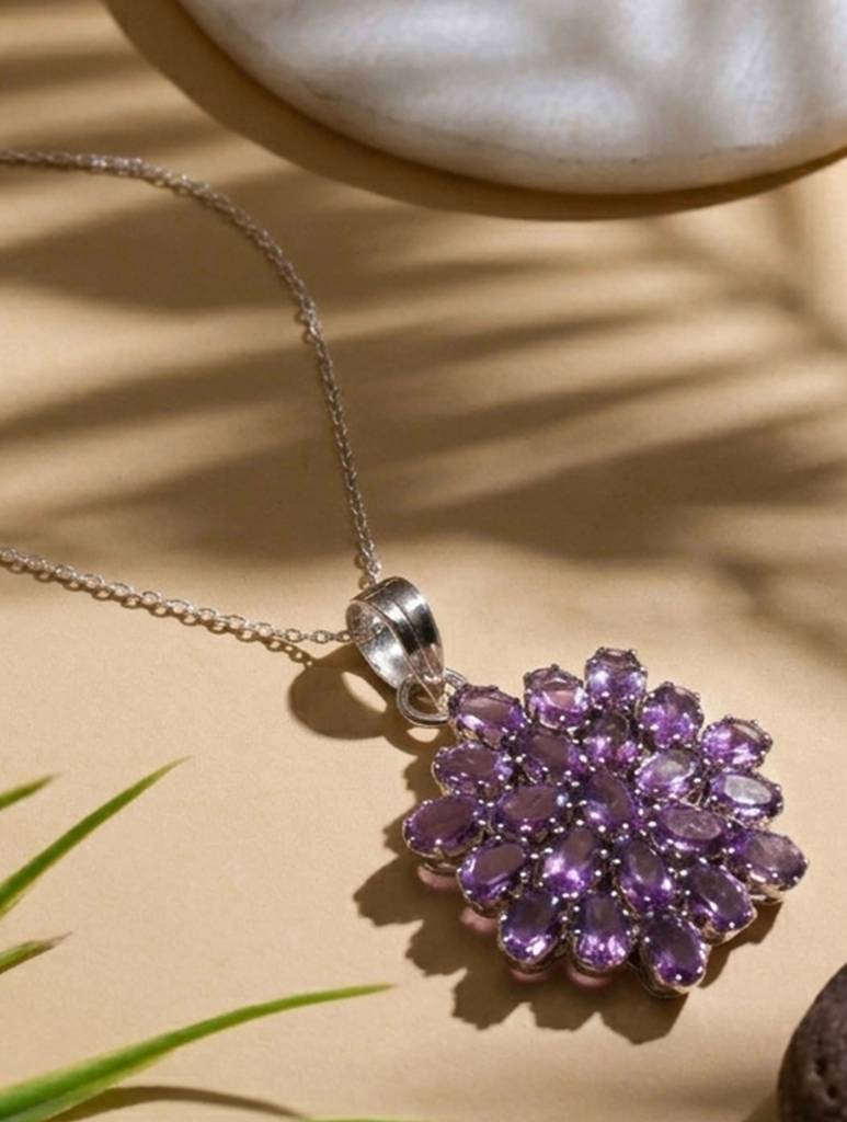 925 Sterling Silver Amethyst Pendant With 18 Inch Chain Handmade Gemstone Necklace For Women Elegant Jewelry : FU-1003