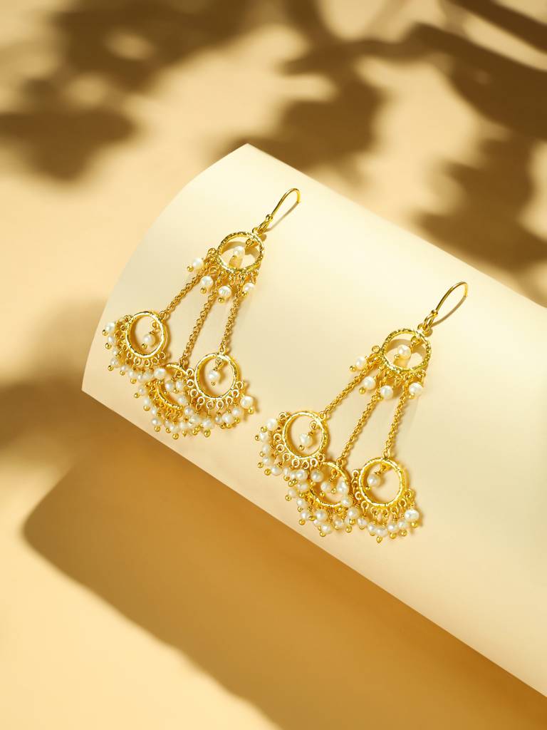 18K Golden Ring Pearl Drops Anti Tarnish Earrings : YI24A0276E