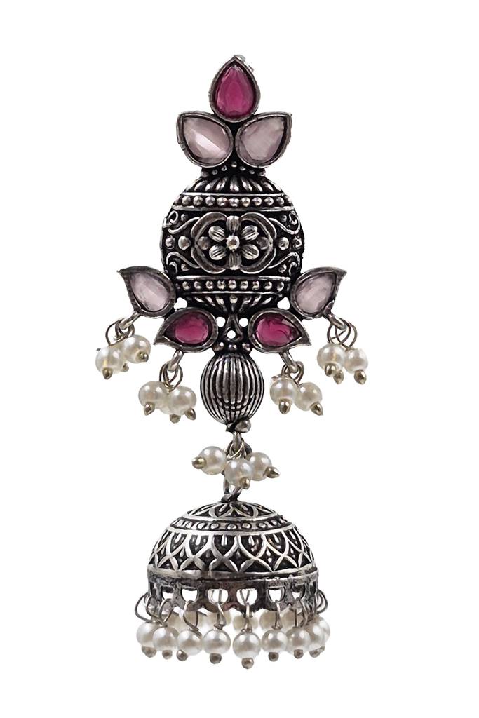 Oxidised Silver Aqua & Ruby Pearl Jhumkas : NA_ST_ER_231_1