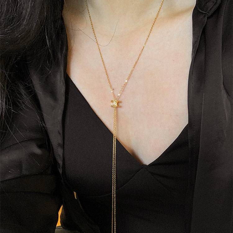 18K Gold Plated Long Tassel Movable Double Crescent Moon Necklace : ATO0624NK013G