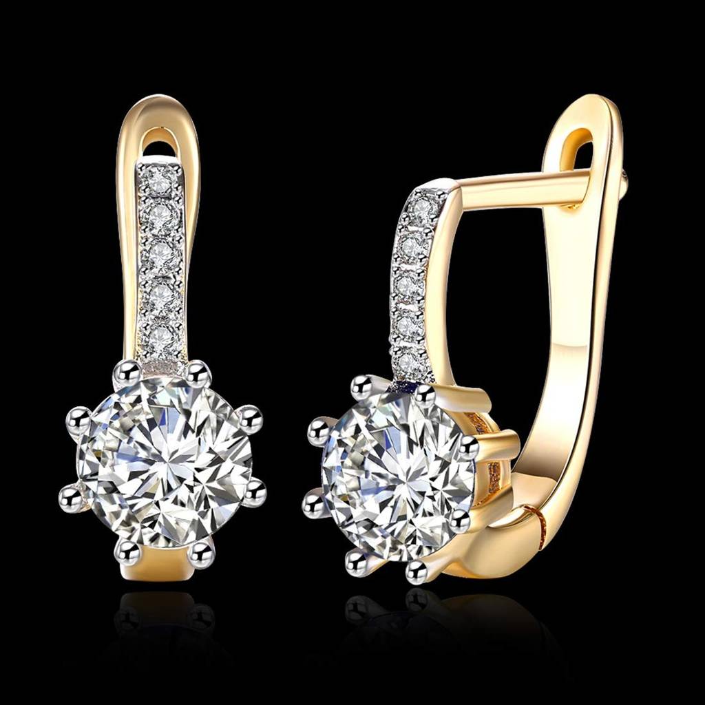 18K Gold Plated Crystal Solitaire Clutch Back Hoop Earrings For Women Girls : PX9E47
