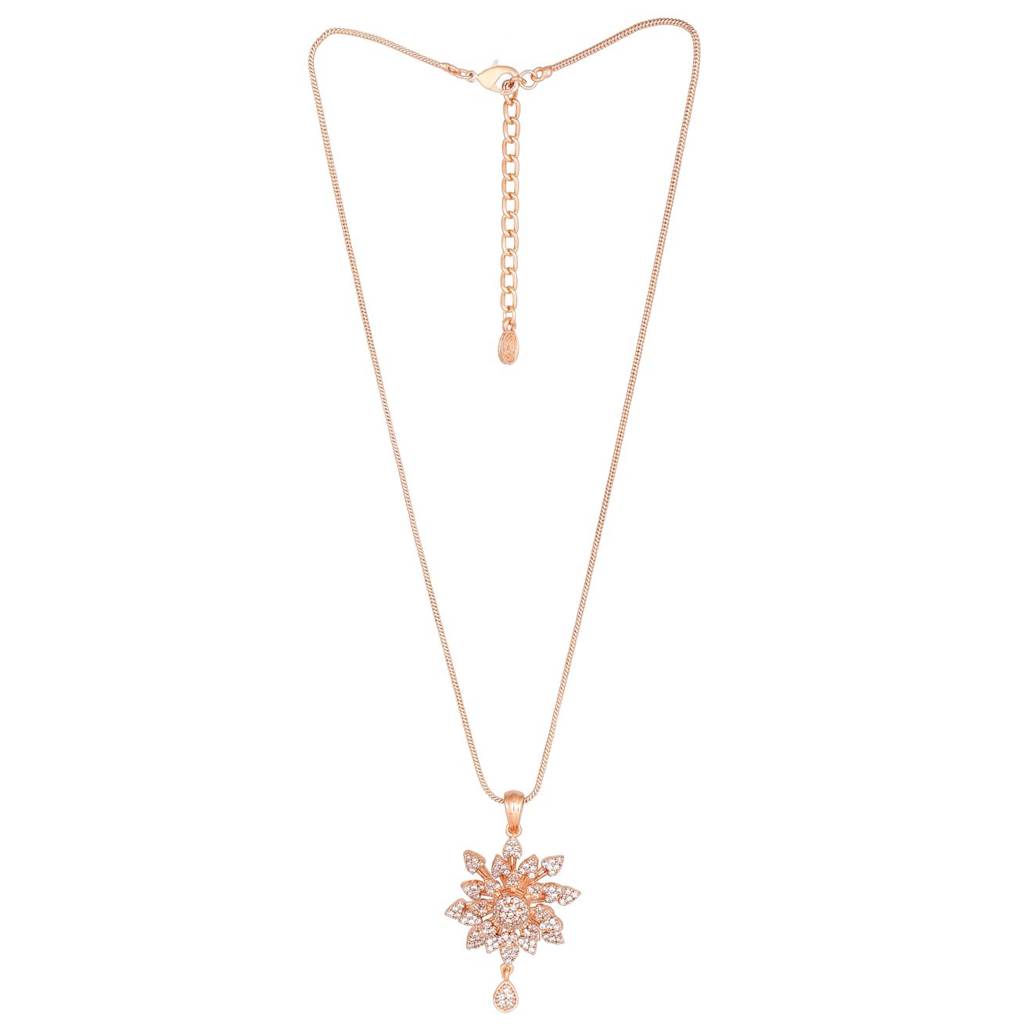 Estele Rose Gold Plated Cz Floral Designer Pendant Set With White Stones For Girls And Women