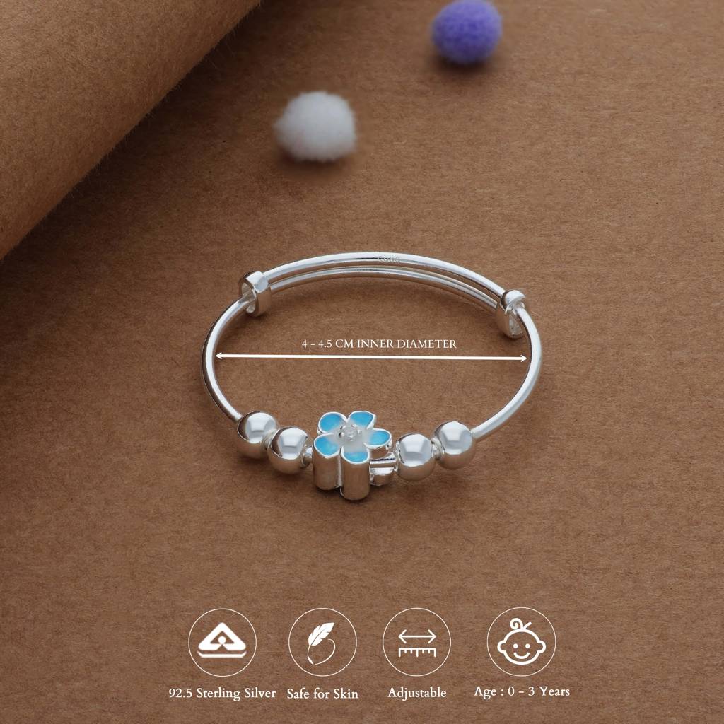 Iyal Sky Blue Bloosam Kid Silver Bangles (0–3 Yrs) | 999 Hallmark | Adjustable Daily Wear Baby Kada : KB-CC-RH-A-158-P